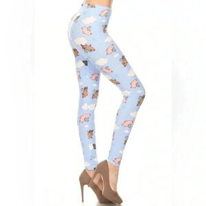 Women's Pastel Blue Cartoon Cloud & Pig Print Leggings